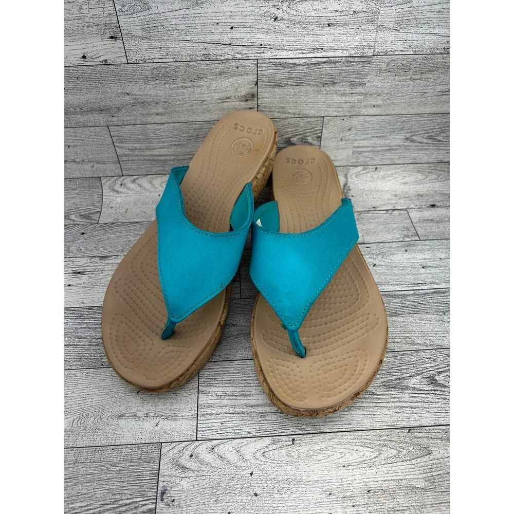 Crocs A-Leigh Leather Platform Flip Flop Wedge Sandals Turquoise Womens 8 14933